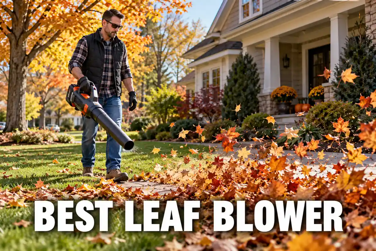 Best leaf blower guide featuring a homeowner using a handheld blower to clear fallen autumn leaves from a suburban front yard.
