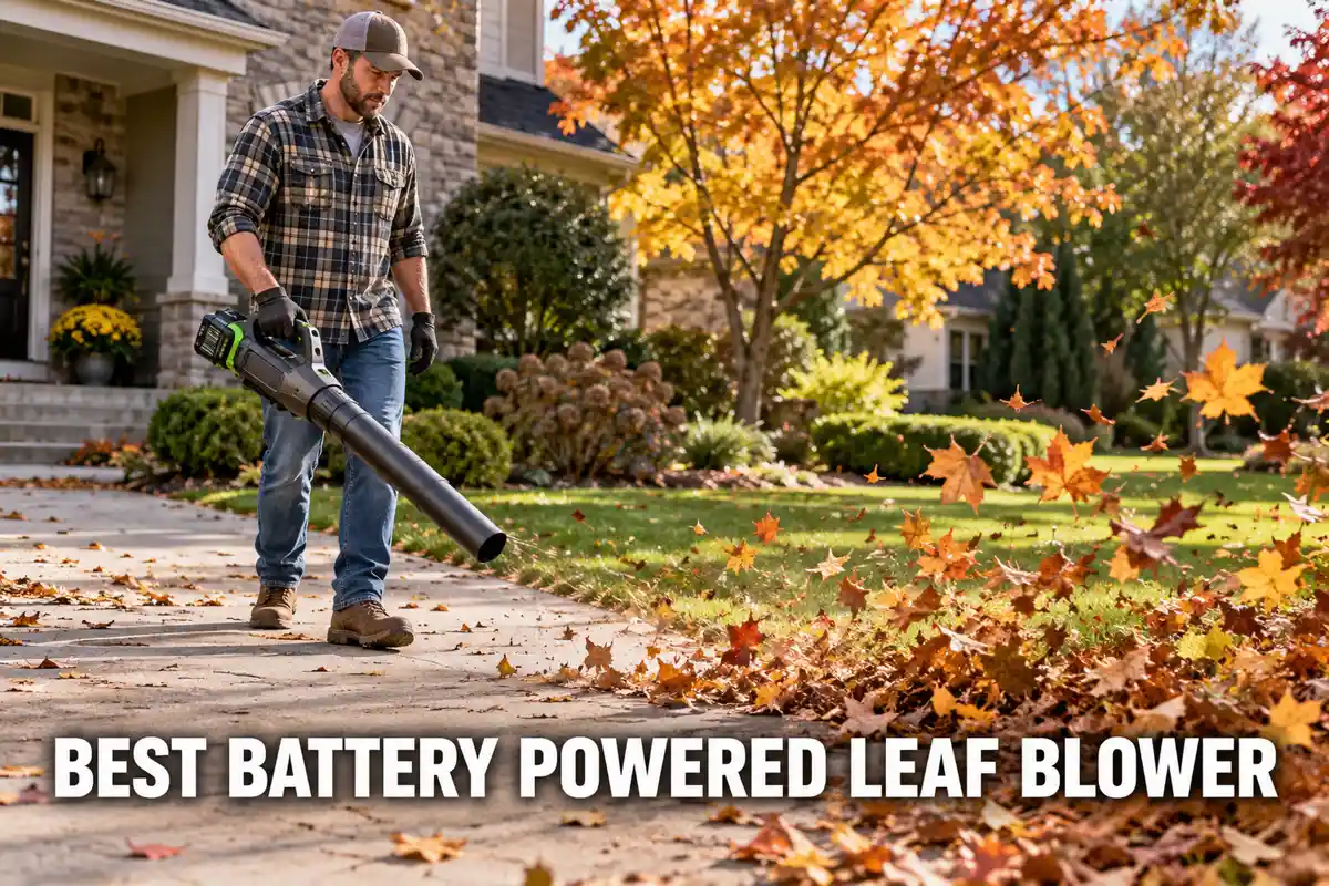 Best battery powered leaf blower guide showing a homeowner clearing dry autumn leaves from a driveway with a cordless blower.