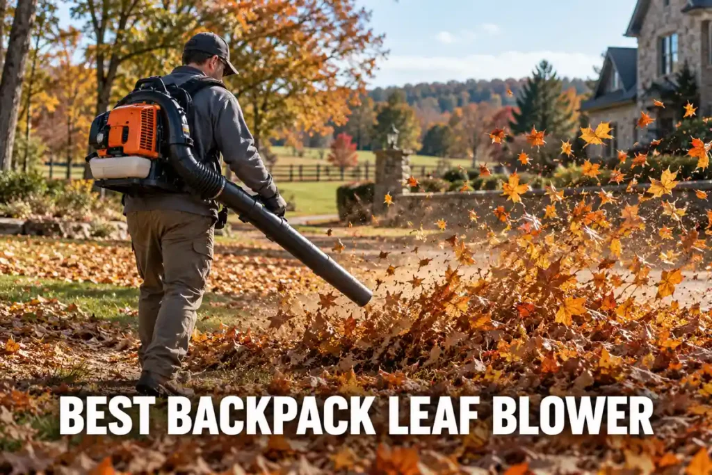 Best backpack leaf blower guide showing a worker using a gas backpack blower to move piles of fall leaves across a large yard.