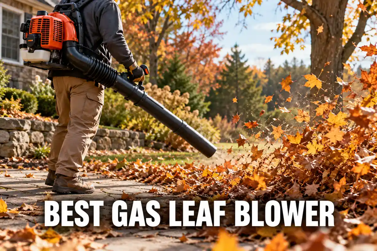 Best gas leaf blower guide featuring a person using a gas-powered backpack blower to clear autumn leaves from a stone walkway.