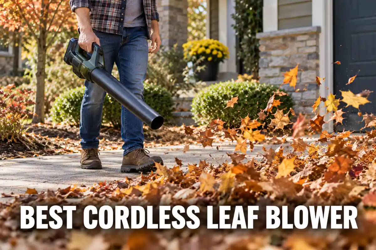 Best cordless leaf blower guide showing a homeowner blowing dry fall leaves from a driveway with a handheld cordless blower.