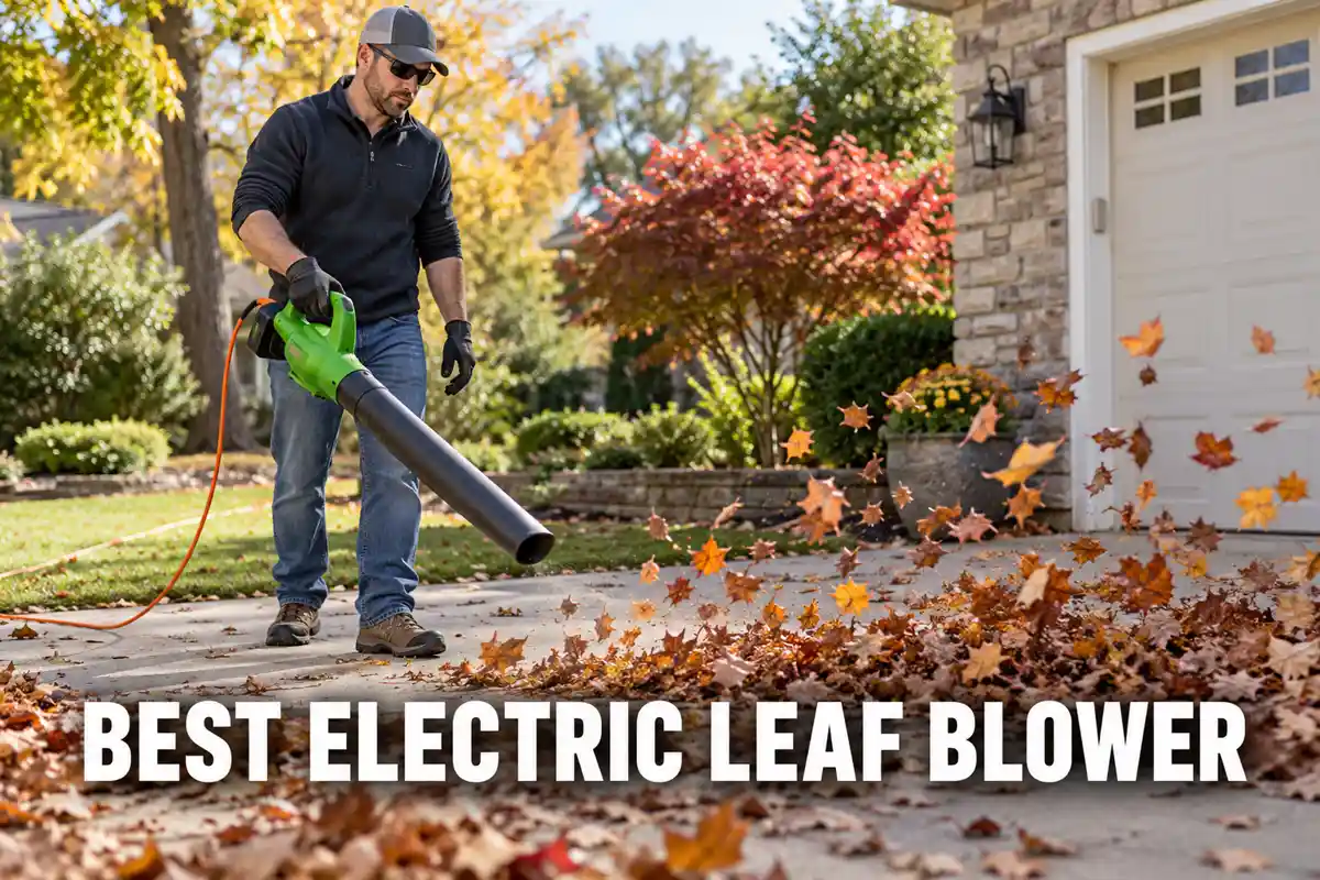 Best electric leaf blower guide featuring a homeowner using a corded electric blower to clear leaves from a paved driveway.
