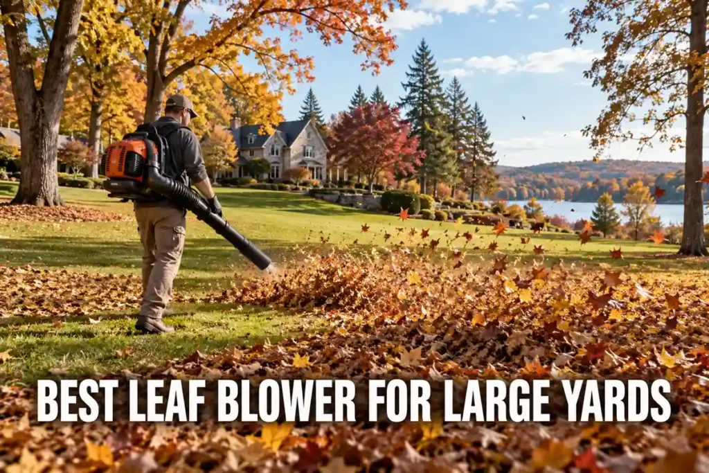 Best Leaf Blower for Large Yards: Groundskeeper operating an orange backpack leaf blower on a sprawling lawn with mature fall trees and a lakeside property in the distance.