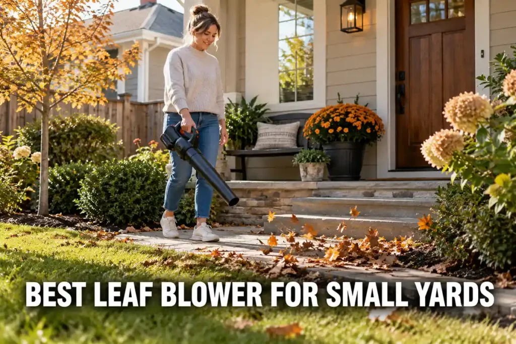 Best Leaf Blower for Small Yards: Woman in a cream sweater and jeans using a handheld cordless leaf blower to clear fallen leaves from the walkway of a compact landscaped front yard.