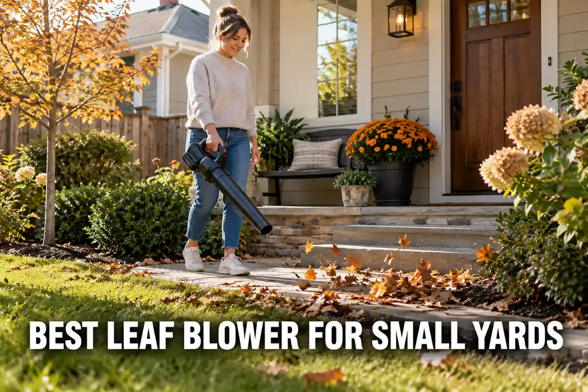 Best leaf blower for small yards guide showing a homeowner using a compact cordless blower on a small patio.