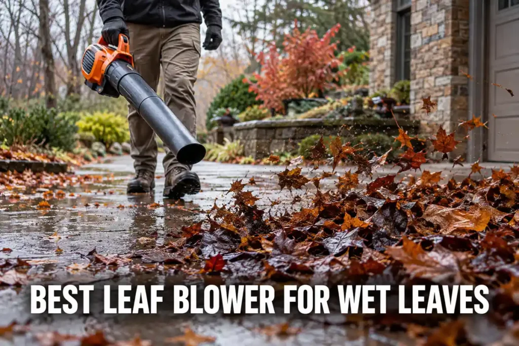 Best Leaf Blower for Wet Leaves: Close-up of a person in rain gear using an orange handheld leaf blower to move wet brown leaves across a rain-soaked driveway.
