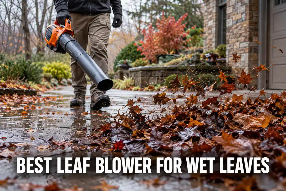 Best leaf blower for wet leaves guide showing a person clearing a soaked mat of fallen leaves from a driveway after rain.
