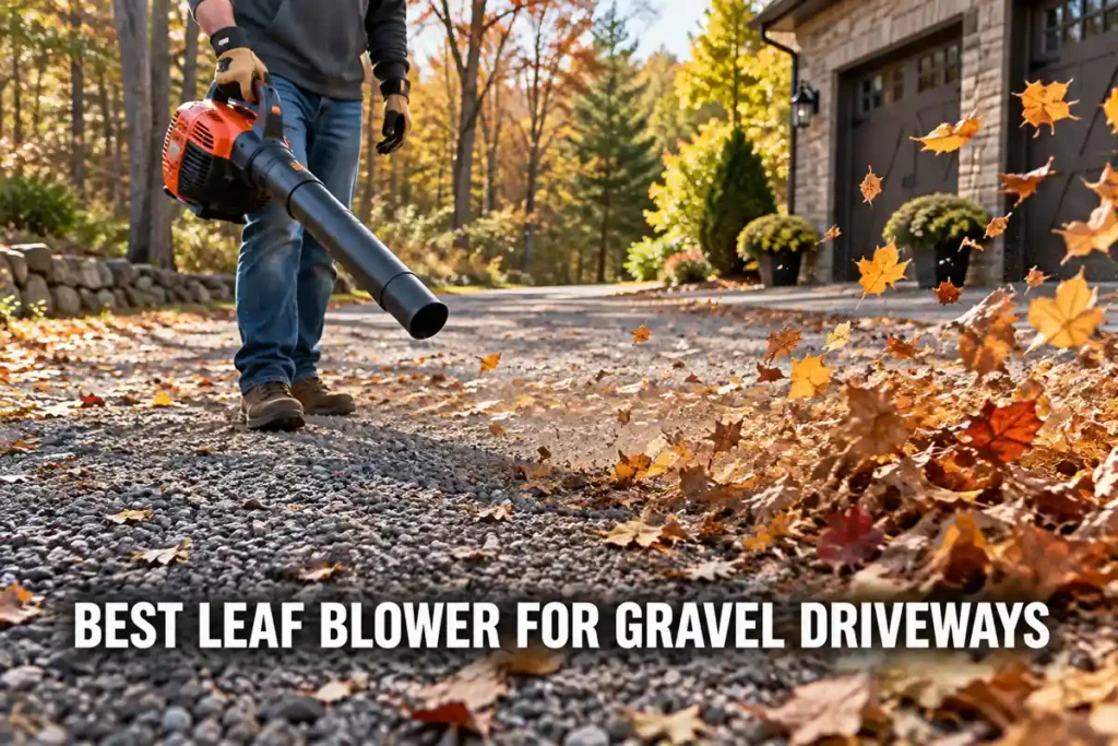 Best Leaf Blower for Gravel Driveways: Person directing an orange handheld leaf blower along a gravel driveway to move dry autumn leaves toward the edge.