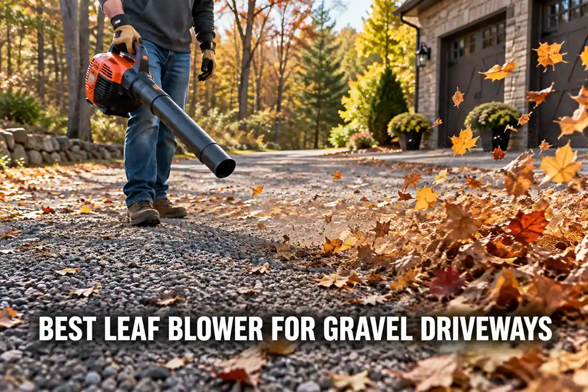 Best leaf blower for gravel driveways guide showing a person carefully blowing leaves from a stone gravel path.