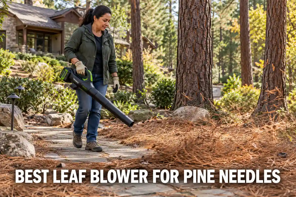 Best leaf blower for pine needles guide showing a person blowing pine needles from a path beneath a row of pine trees.