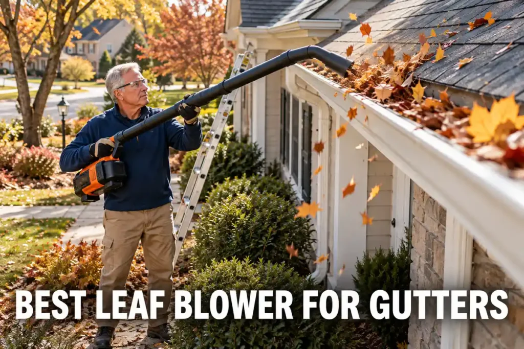 An older man wearing safety glasses uses a leaf blower with an extended gutter-cleaning attachment to clear autumn leaves from the roof gutter.