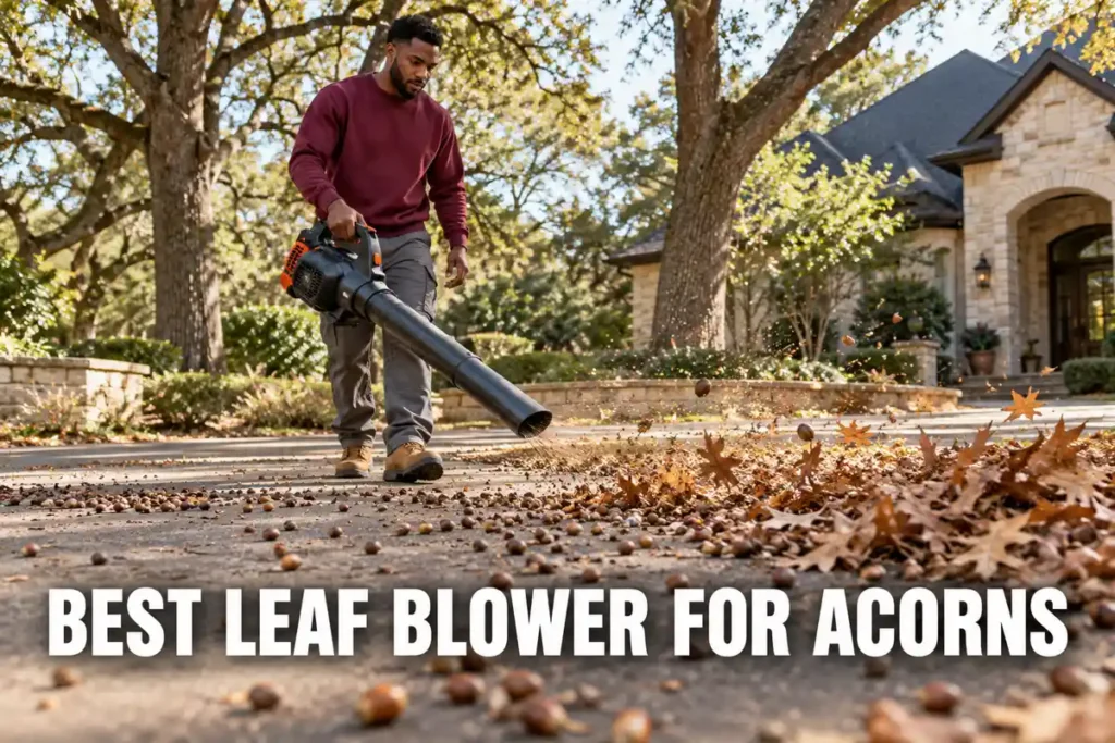 A man in a burgundy sweatshirt blows acorns and dry leaves across a driveway beneath mature oak trees.