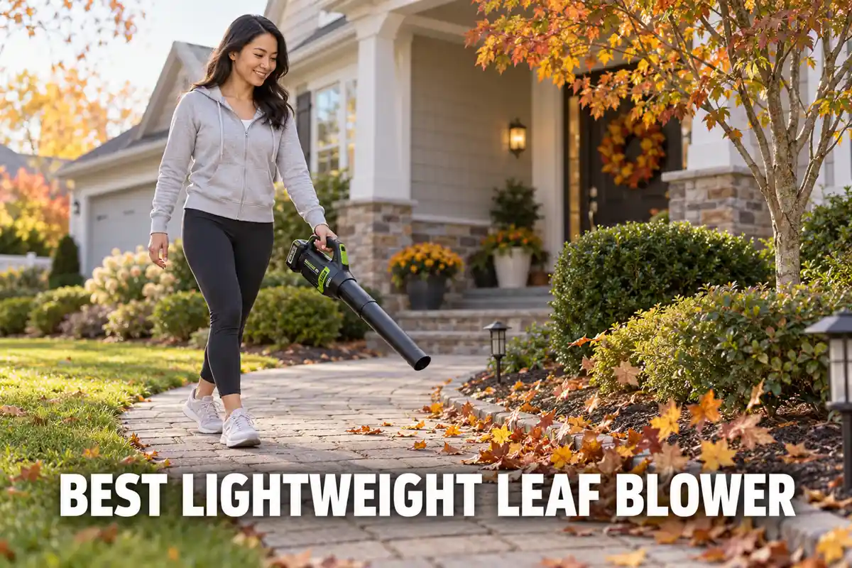 Best lightweight leaf blower guide showing an older homeowner easily holding a compact cordless blower with one hand.