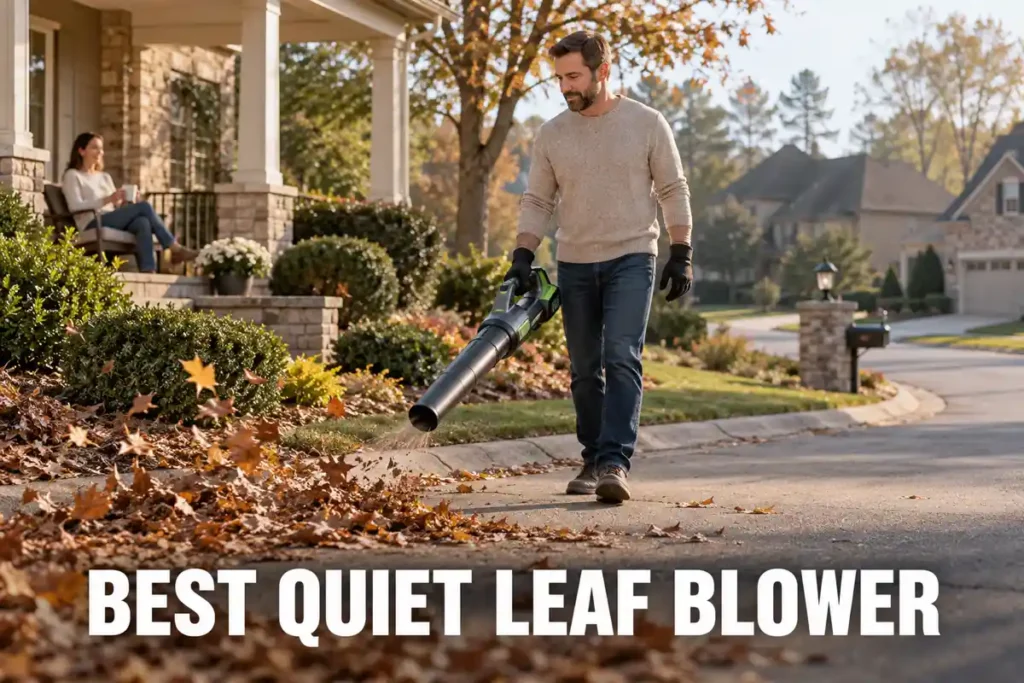 A man in a light beige sweater uses a cordless leaf blower to clear leaves from a residential driveway while a woman relaxes on the front porch.