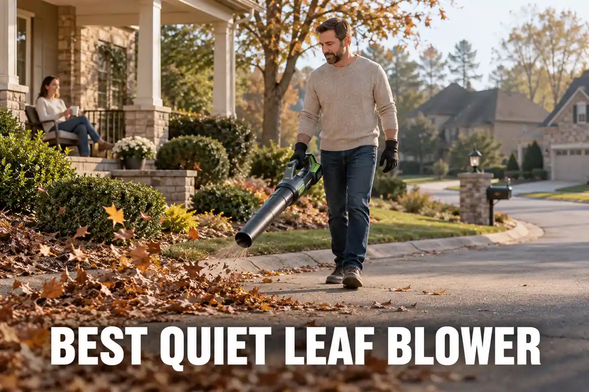 Best quiet leaf blower guide showing a person using a low-noise cordless blower in a quiet residential neighborhood.