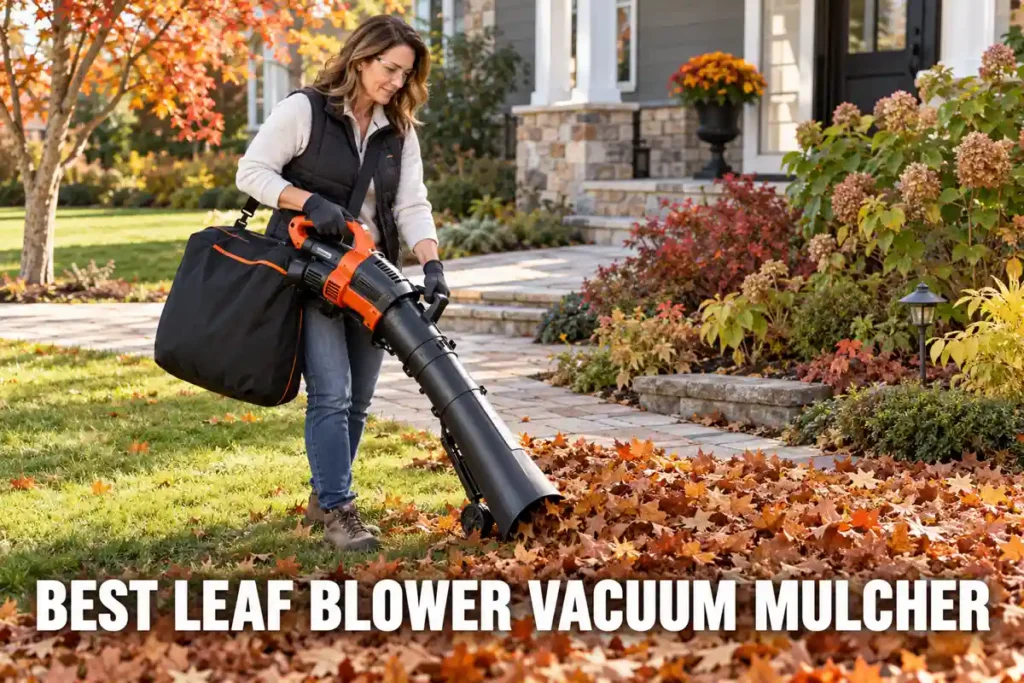 Woman using an orange leaf blower vacuum mulcher with a collection bag to gather fallen leaves in a landscaped front yard.