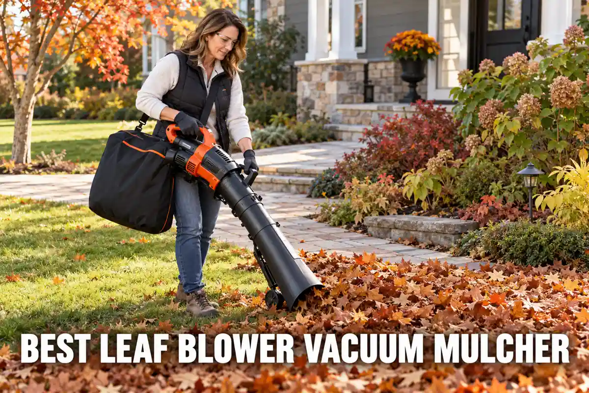Best leaf blower vacuum mulcher guide showing a person using a 3-in-1 blower vacuum to collect and mulch fallen leaves.