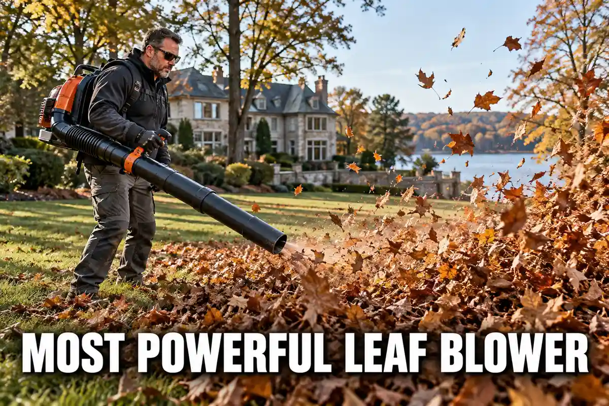 Most powerful leaf blower guide showing a professional operator using a high-CFM gas backpack blower on a large open property.