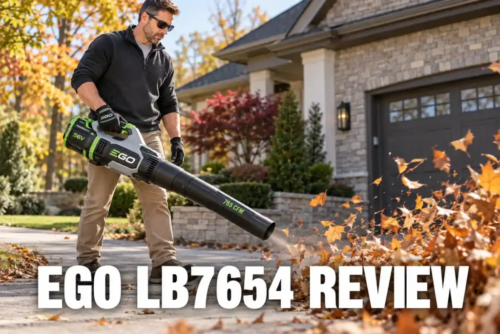 Man operating an EGO 765 CFM cordless leaf blower to clear autumn leaves from a residential driveway.