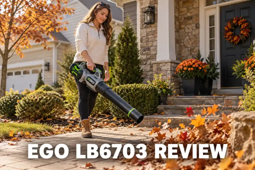 Older man using an EGO cordless leaf blower to clear fallen leaves from a stone garden walkway.