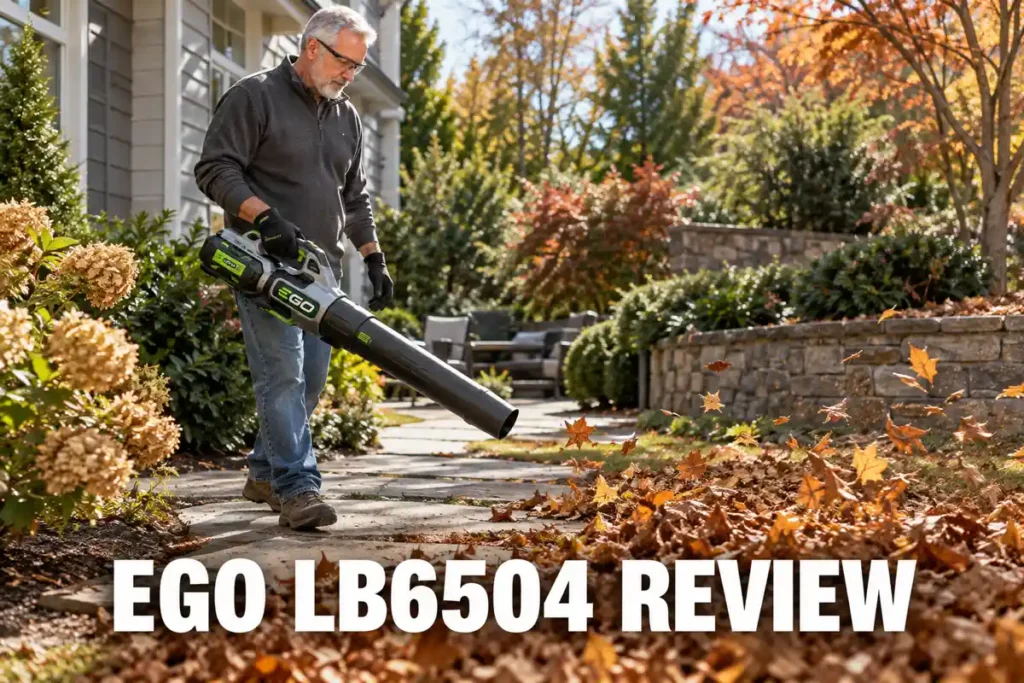 Gray-haired man blowing autumn leaves off a landscaped stone path with an EGO handheld cordless leaf blower.