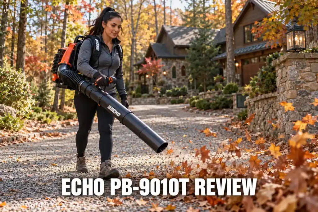 A man in a dark work jacket uses a red Milwaukee 2824-20 cordless leaf blower to clear fallen autumn leaves from a residential driveway.