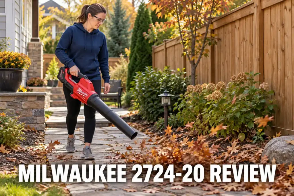 A woman in a navy hoodie operates a red Milwaukee 2724-20 leaf blower along a stone garden walkway beside a wooden fence.