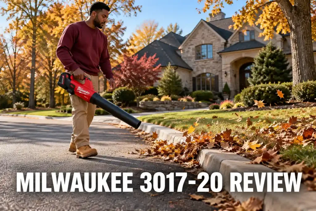A man wearing a burgundy sweatshirt blows dry autumn leaves away from a suburban roadside curb with a red Milwaukee 3017-20 leaf blower.