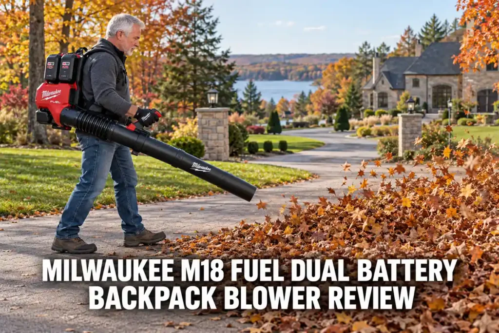 An older man wearing a Milwaukee M18 FUEL dual-battery backpack leaf blower moves piles of leaves along a landscaped estate driveway overlooking a lake.