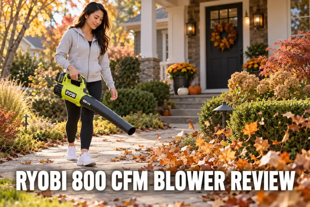 A woman in a light gray hoodie uses a lime-green Ryobi 800 CFM cordless leaf blower to clear a stone path in an autumn front garden.