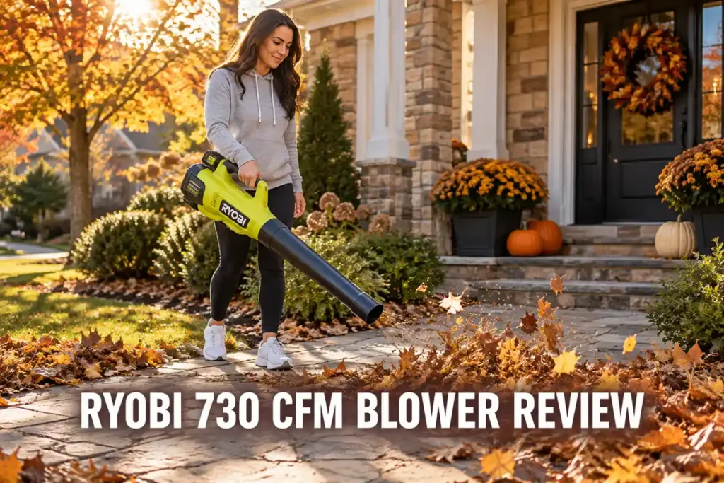 A woman wearing a light gray hoodie uses a lime-green Ryobi 730 CFM leaf blower to clear autumn leaves from the stone walkway of a suburban home.