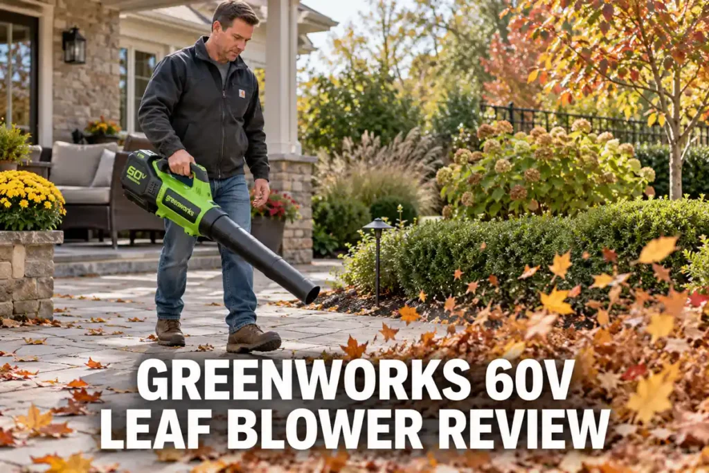 A man in a dark work jacket uses a green Greenworks 60V cordless leaf blower to move dry leaves along a paved garden terrace beside a house.