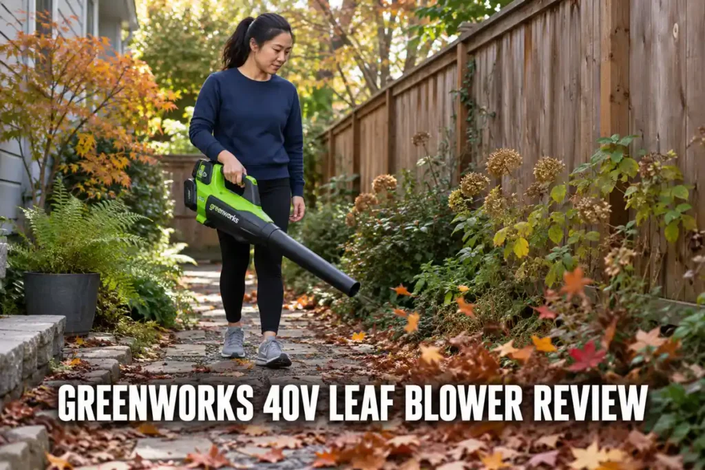 A woman in a navy sweatshirt clears scattered autumn leaves from a narrow backyard path using a green Greenworks 40V cordless leaf blower.