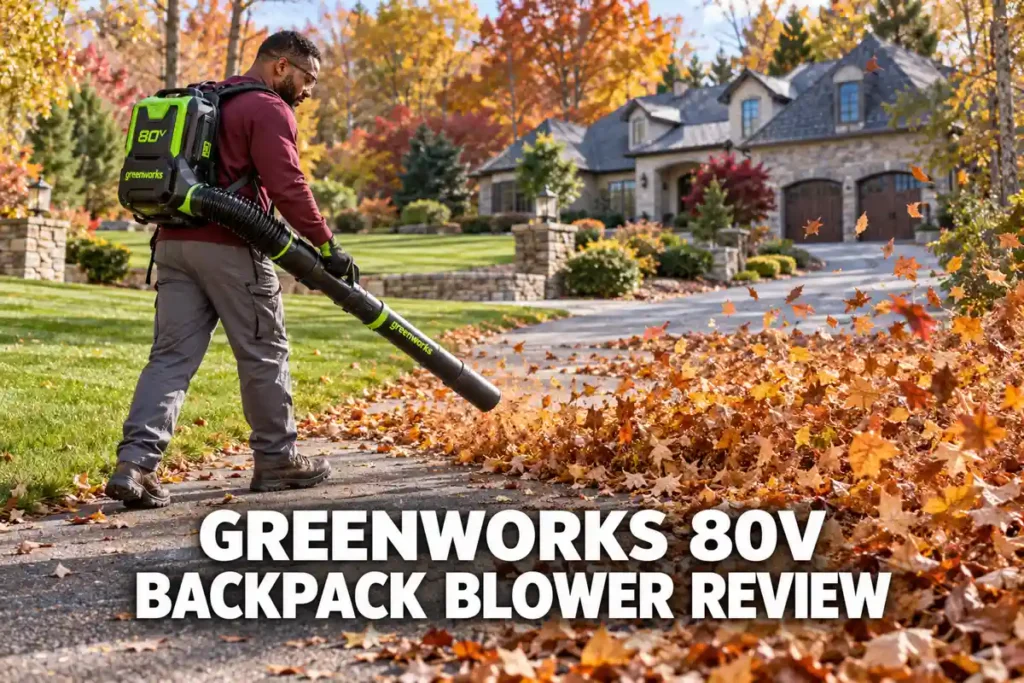 A man in a burgundy sweatshirt wearing a green Greenworks 80V backpack leaf blower clears fallen leaves from a large tree-lined driveway.