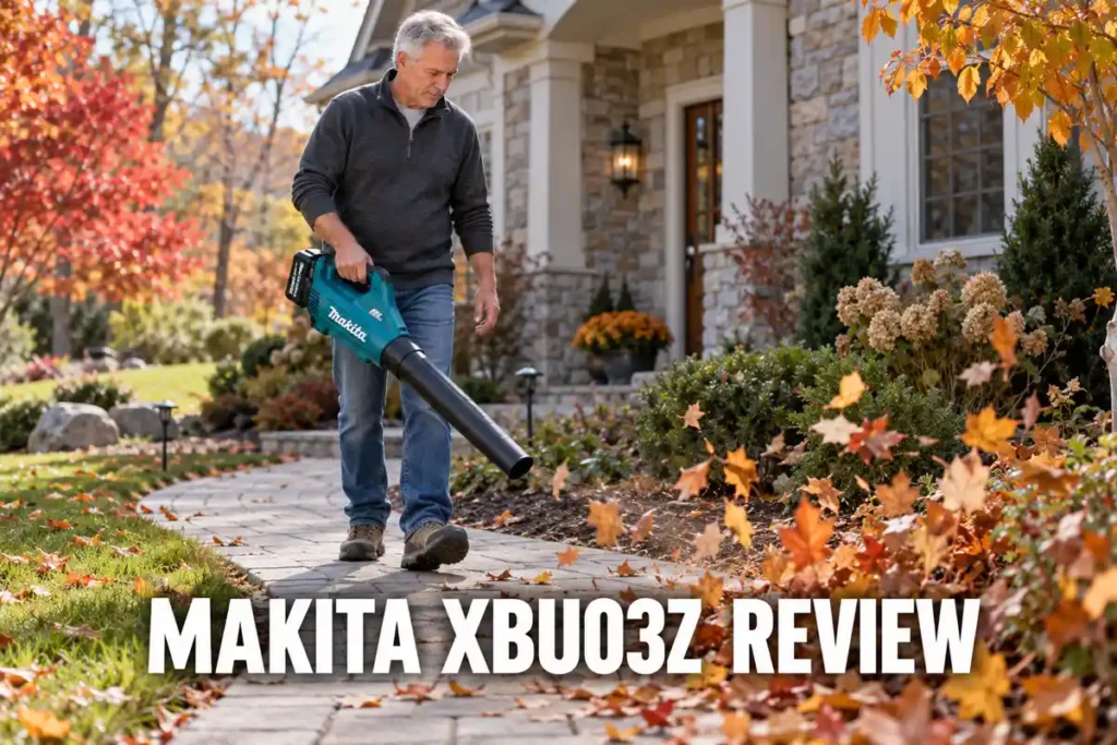 An older man in a charcoal sweater uses a teal Makita XBU03Z cordless leaf blower to move autumn leaves along a landscaped stone walkway.