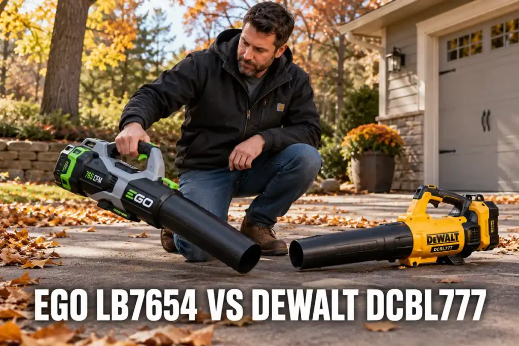 EGO LB7654 vs DEWALT DCBL777 leaf blowers positioned side by side on an autumn driveway as a man kneels to inspect the EGO model.
