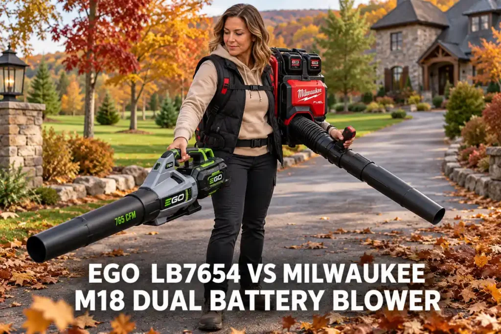 Woman holding an EGO LB7654 handheld leaf blower alongside a Milwaukee M18 dual-battery backpack blower on a leaf-covered estate driveway.