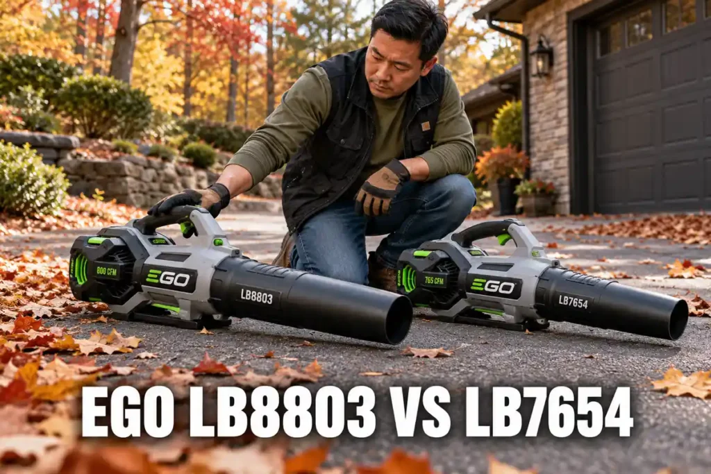 Man kneeling between EGO LB8803 and LB7654 cordless leaf blowers on a driveway scattered with autumn leaves.