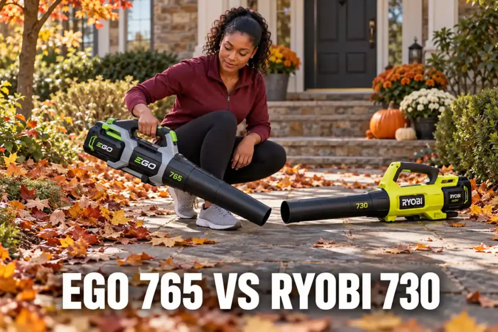 Woman crouching beside an EGO 765 leaf blower and a Ryobi 730 leaf blower on a stone garden walkway with fallen autumn leaves.