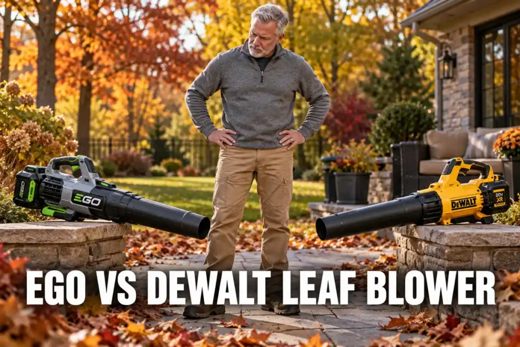 Older man comparing EGO and DEWALT cordless leaf blowers displayed on low stone walls in an autumn garden.