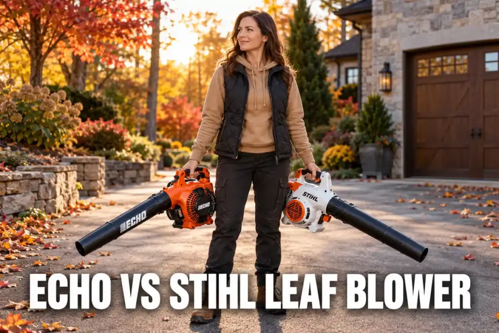 Woman in a beige hoodie and black vest holding an orange ECHO leaf blower and a white-and-orange STIHL leaf blower on an autumn driveway.