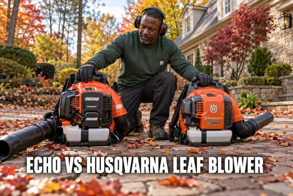 Man kneeling between orange ECHO and Husqvarna backpack leaf blowers on a leaf-covered driveway for a side-by-side comparison.