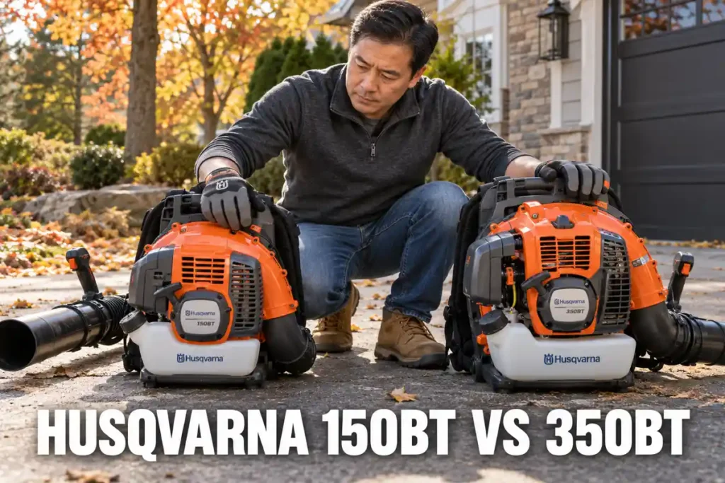 Man comparing two orange Husqvarna backpack leaf blowers labeled 150BT and 350BT on a driveway scattered with autumn leaves.