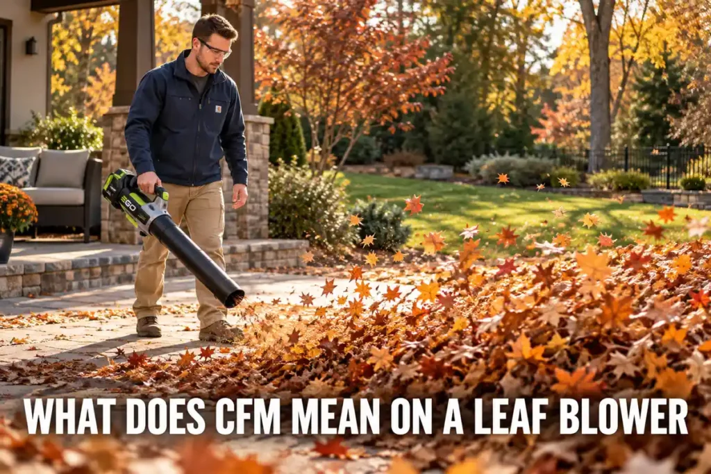 Man using a green-and-gray EGO cordless leaf blower to move a large pile of fallen leaves across a stone patio, illustrating leaf blower airflow.