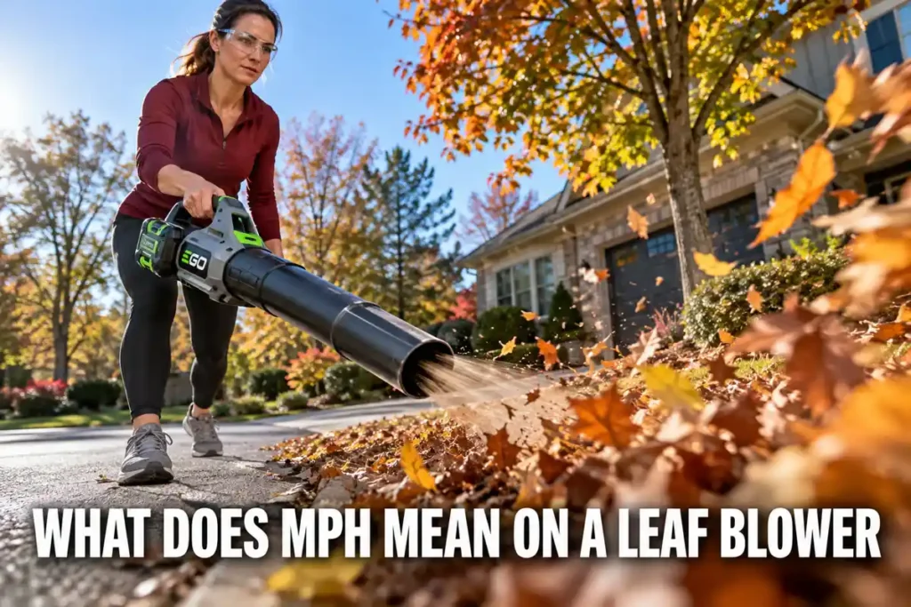Woman wearing safety glasses directs an EGO leaf blower at autumn leaves along a driveway, demonstrating high-speed airflow from the nozzle.