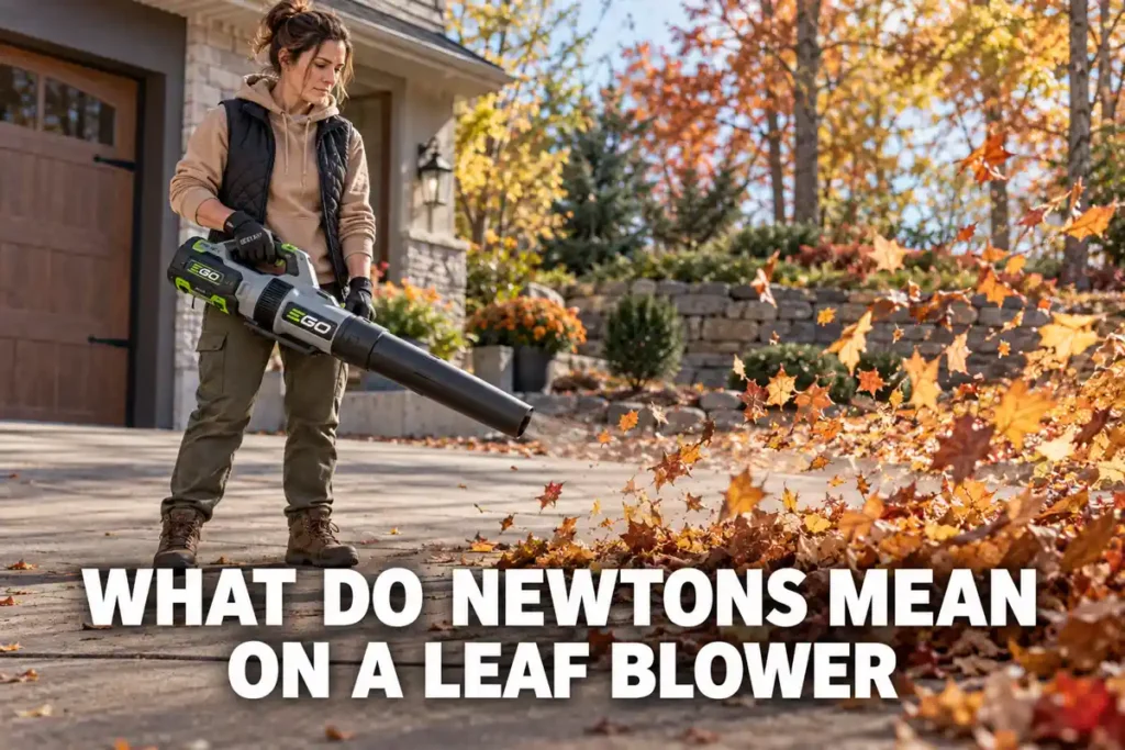Woman in a tan hoodie and black vest using an EGO cordless leaf blower to move fallen autumn leaves across a driveway, illustrating blower force in newtons.