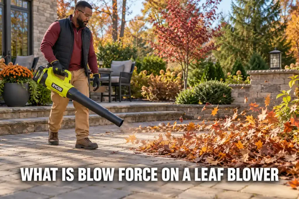 Man in a maroon shirt and dark vest operating a bright green Ryobi leaf blower to push autumn leaves across a stone patio, illustrating leaf blower force.