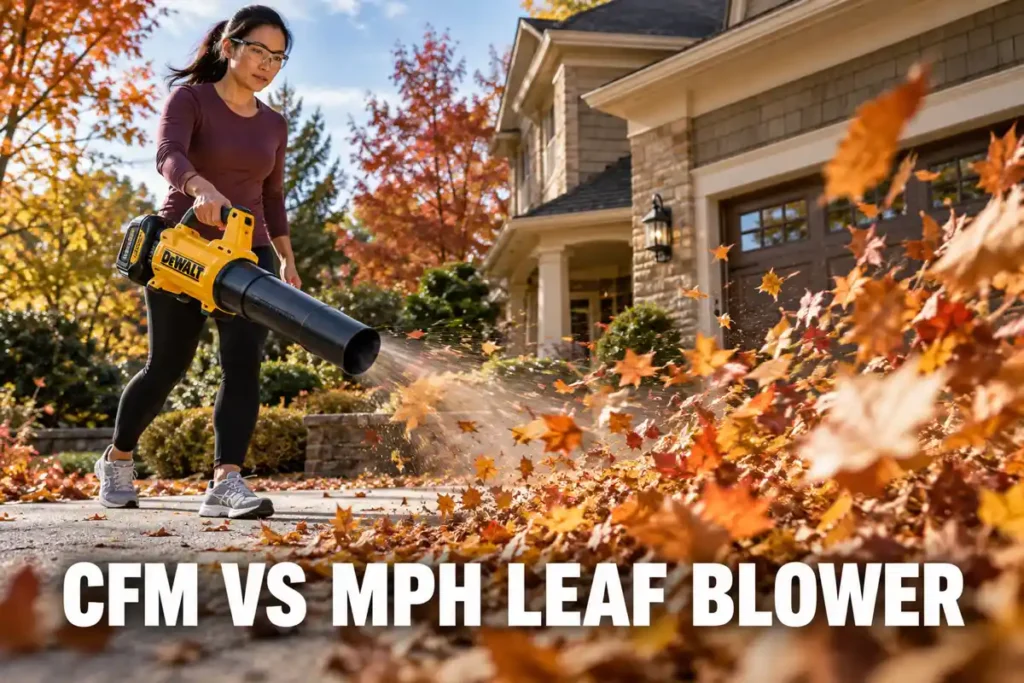Woman wearing safety glasses using a yellow DeWalt leaf blower on a leaf-covered driveway, illustrating the comparison between airflow volume in CFM and airspeed in MPH.