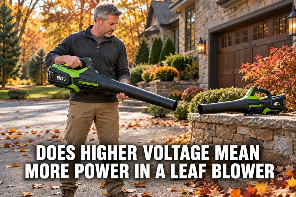 Gray-haired man holding a Greenworks 80V leaf blower while a Greenworks 40V blower rests on a nearby stone wall for a voltage comparison.