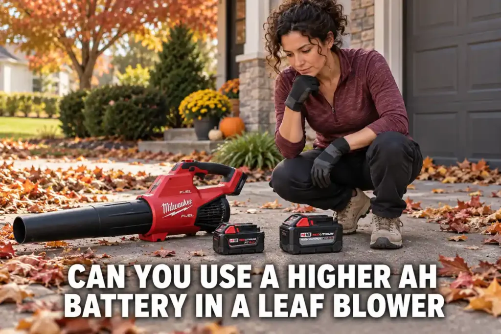 Woman crouching beside a red Milwaukee M18 leaf blower and two different-capacity M18 batteries on a driveway, comparing battery amp-hour options.